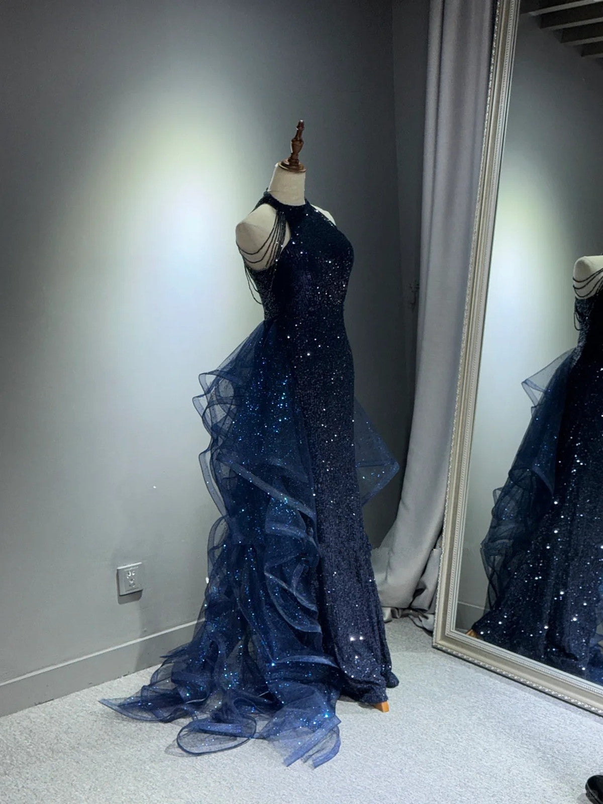 navy blue prom dress with sequins Navy Blue Long Prom Dress with Gold Sequins