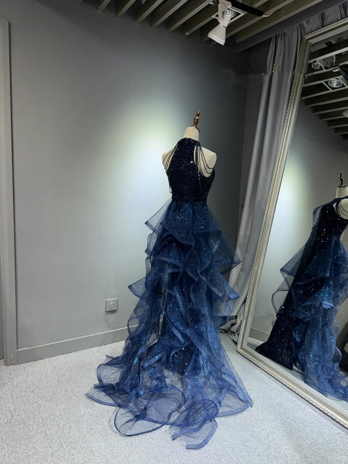 Navy Blue Halter Sequins with Tulle Party Dress, Navy Blue Prom Dress Cutedressy Navy Blue Halter Sequins with Tulle Party Dress, Navy Blue Prom Dress Cutedressy