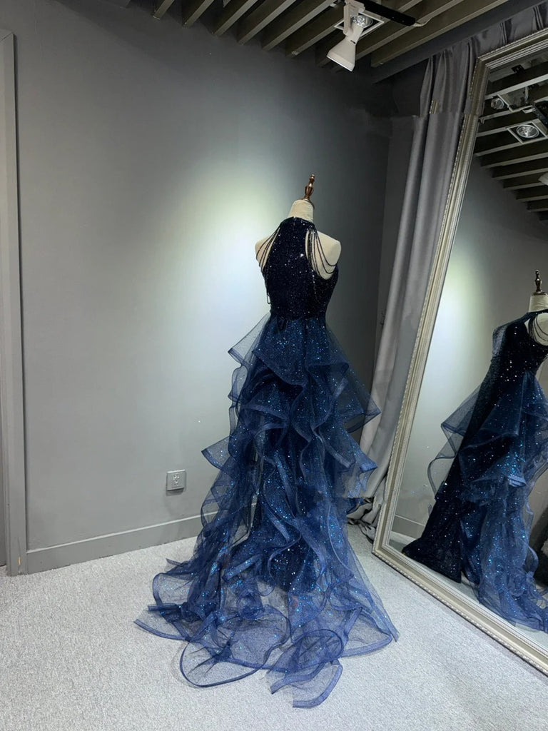 15783 Navy Blue Tassels Sequined Tulle Dress