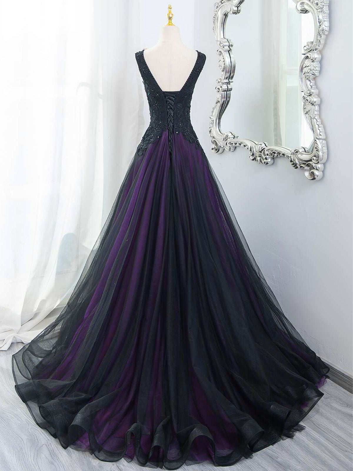 black and purple lace prom dress Gothic Purple Black Prom Dresses Off Shoulder Lace Appliques Evening Ball Gowns