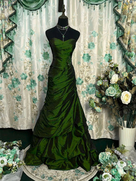 Cute Green Strapless Long Taffeta Sweet 16 Dress, Green Sweetheart Prom Dress