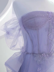 Light Purple Scoop Long Tulle Party Dress with Lace, Light Purple Strapless Prom Dress