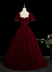 Wine Red Velvet Short Sleeves A-line Prom Dress, Wine Red Velvet Long Evening Dress