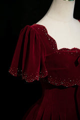 Wine Red Velvet Short Sleeves A-line Prom Dress, Wine Red Velvet Long Evening Dress