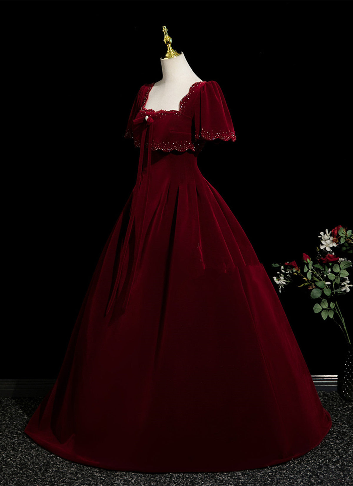 Wine Red Velvet Short Sleeves A-line Prom Dress, Wine Red Velvet Long Evening Dress