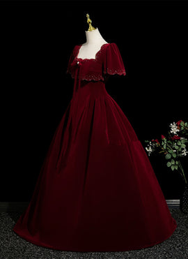 Wine Red Velvet Short Sleeves A-line Prom Dress, Wine Red Velvet Long Evening Dress