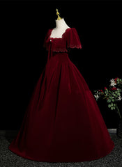 Wine Red Velvet Short Sleeves A-line Prom Dress, Wine Red Velvet Long Evening Dress