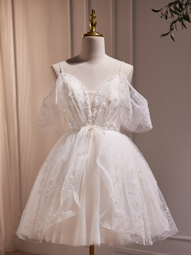 Ivory Knee Length V-neckline Beaded Straps Party Dress, Ivory Homecomi Cutedressy Ivory Knee Length V-neckline Beaded Straps Party Dress, Ivory Homecomi Cutedressy
