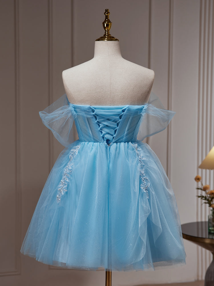 Lovely Light Blue Tulle Short Beaded Formal Dress, Blue Homecoming Dress