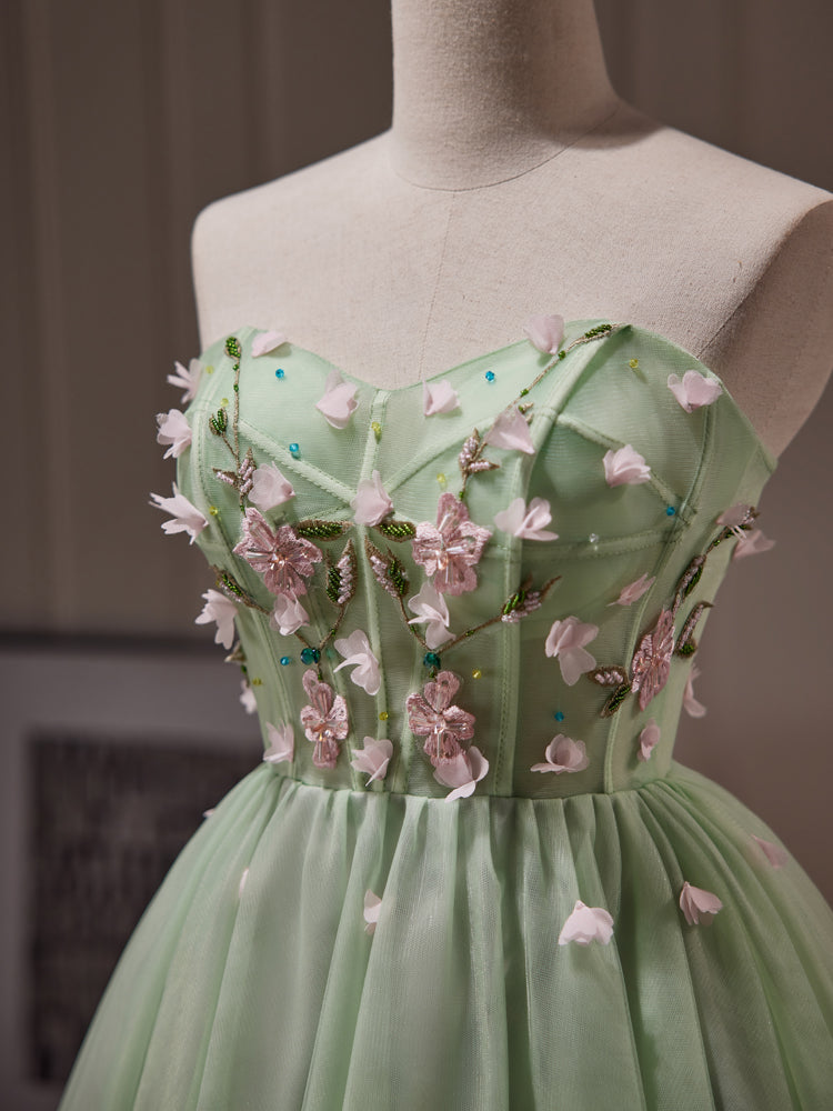 Green Tulle with Flowers Tulle Beaded Party Dress, Green Short Prom Dr Cutedressy Green Tulle with Flowers Tulle Beaded Party Dress, Green Short Prom Dr Cutedressy