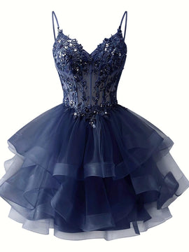 Navy Blue Tulle with Lace Sweetheart Straps Homecoming Dress, Navy Blue Short Prom Dress