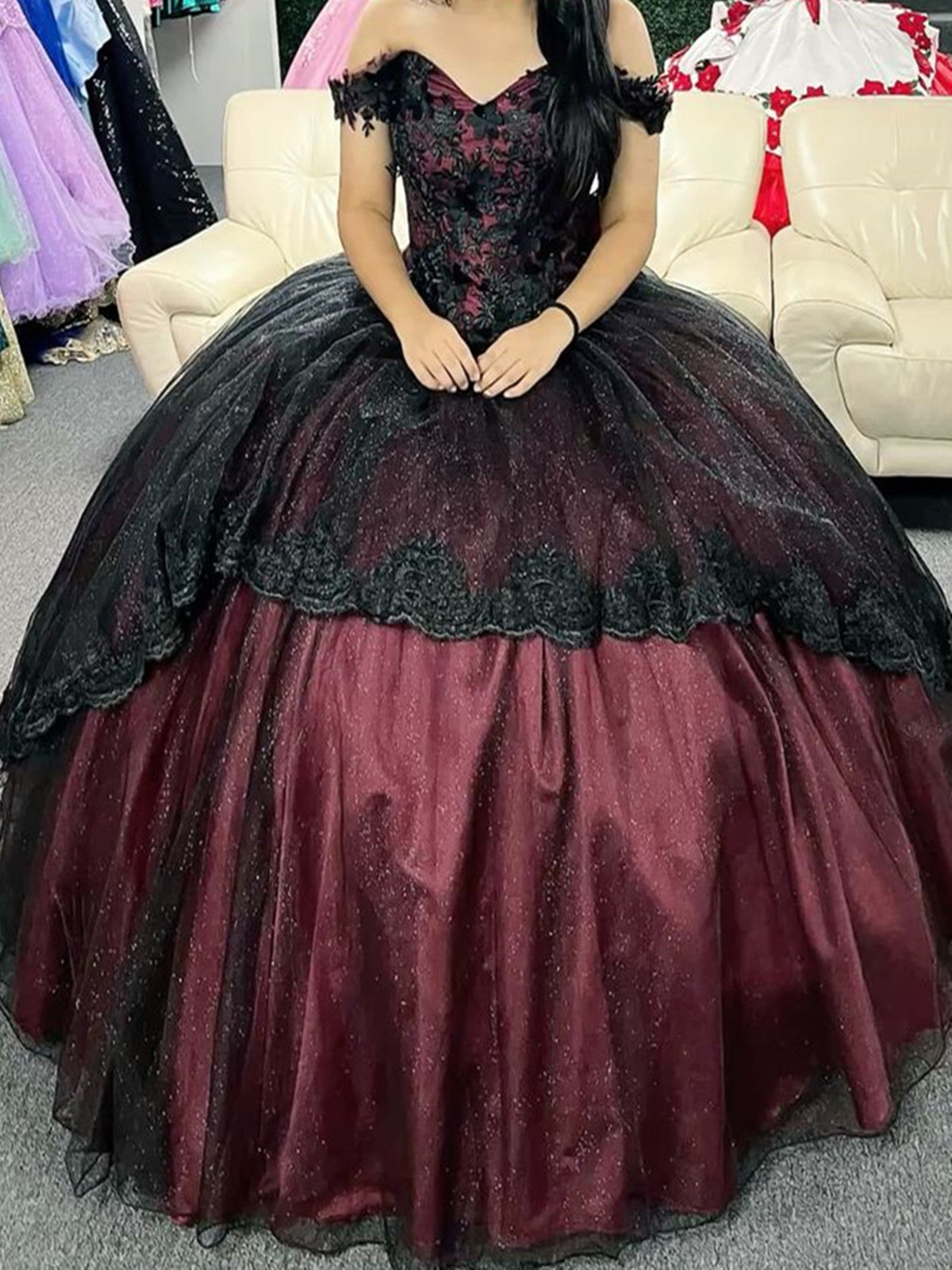 Wine and Black Off the Shoulder Quinceañera Dress,  Lace Applique Ball Gown Gothic Prom Dress
