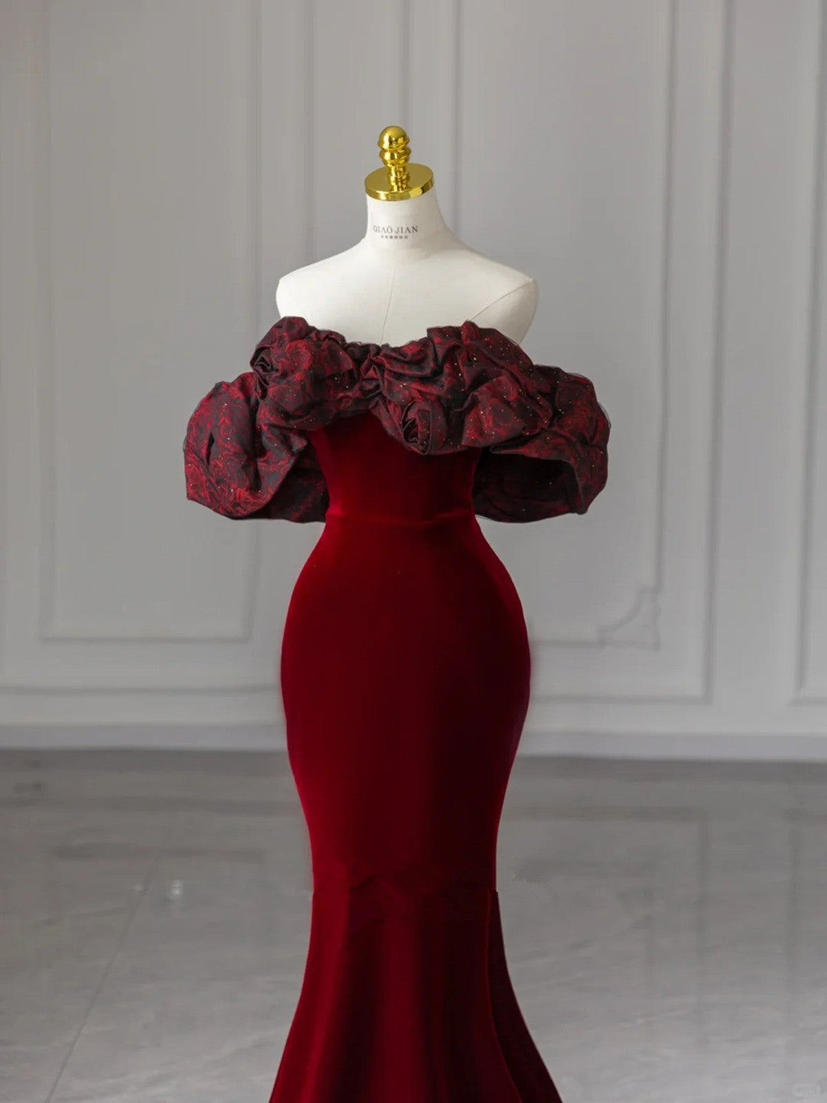 red prom dress with ruffles Wine Red Mermaid Velvet Off Shoulder Long Formal Dress, Wine Red Prom – Cutedressy
