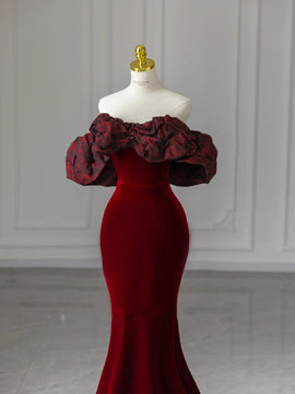 Wine Red Mermaid Velvet Off Shoulder Long Formal Dress, Wine Red Prom Dress