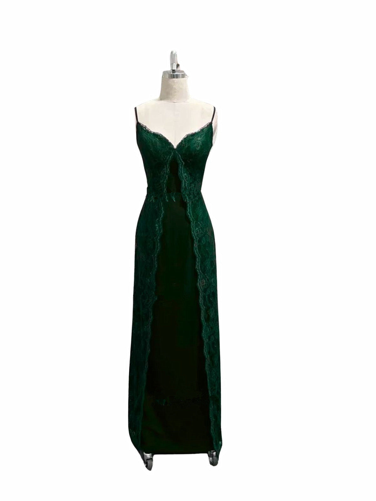 Green Lace V-neckline Lace Straps Vintage Prom Dress, Green Lace Party Dress