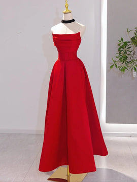 Red Satin Red Satin A-line Scoop Long Party Dress, Red Satin Prom Dress