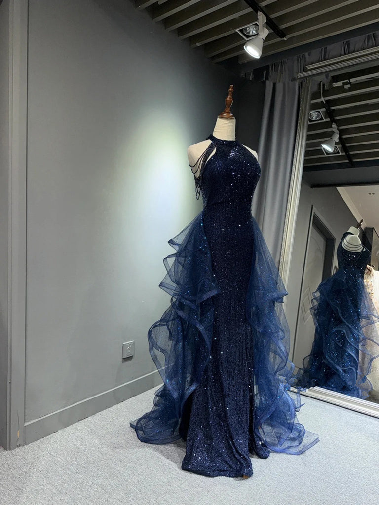 19060 Navy Blue Sequin Embroidered Tulle Dress