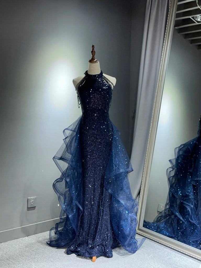 13880 Navy Blue Sequins Tulle Dress