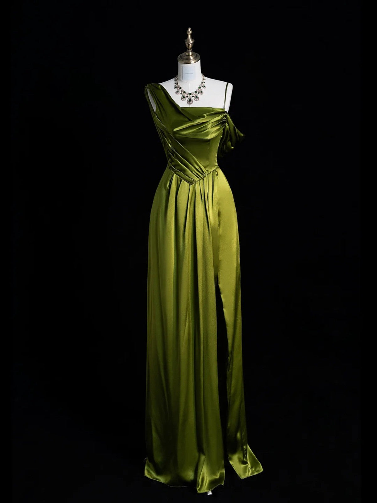 A-line Green Soft Satin One Shoulder Prom Dress, Green Long Party Dress with Leg Slit