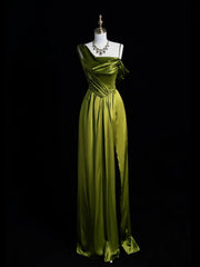 A-line Green Soft Satin One Shoulder Prom Dress, Green Long Party Dress with Leg Slit