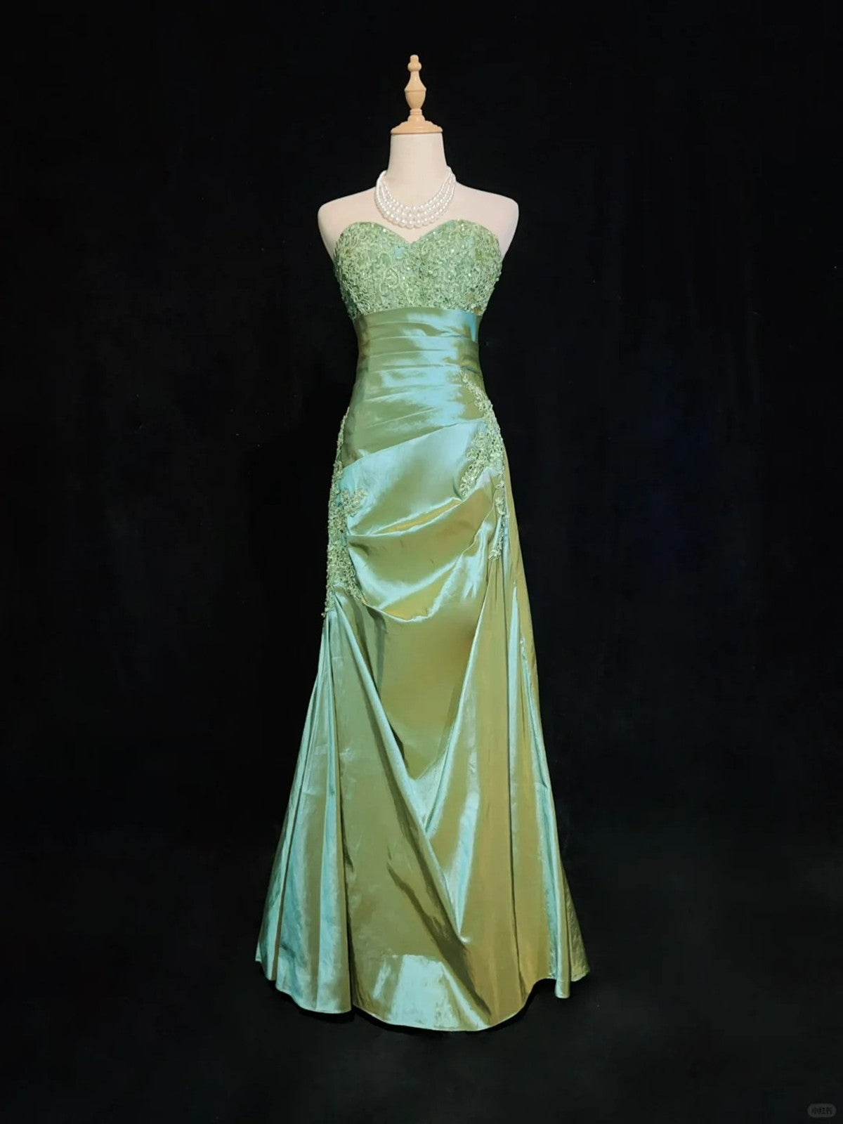 A-line Green Satin with Lace Applique Prom Dress, Green Floor Length Party Dress