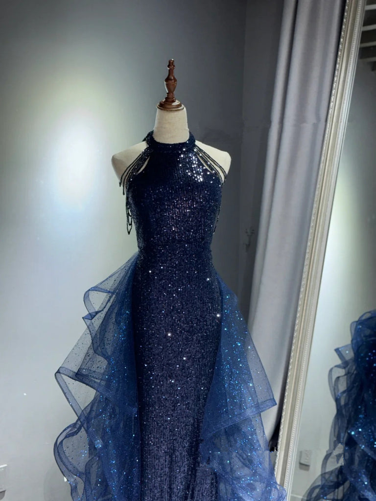 Glitter Navy Tulle Formal Party Dress