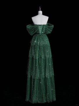 A-line Green Layers Beaded Off Shoulder Prom Dress, Green Tulle Shiny Party Dress