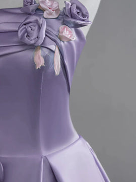 Purple A-line Satin Simple Party Dress Prom Dress, Purple Flowers Evening Dress