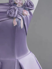 Purple A-line Satin Simple Party Dress Prom Dress, Purple Flowers Evening Dress