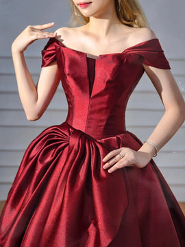 Wine Red Chic Off Shoulder Lace-up Prom Dress, Wine Red Satin Party Dress