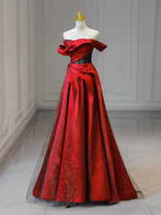 Off Shoulder Black and Satin A-line Unique Party Dress, Satin Long Evening Dress