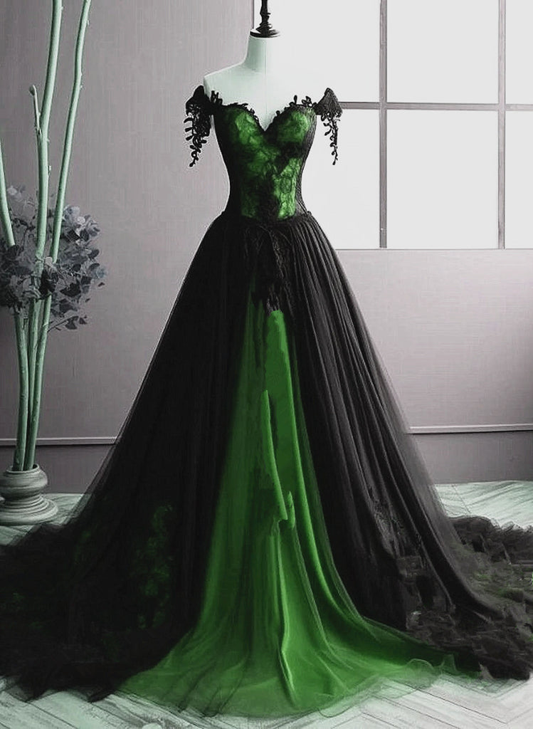 A-line Black and Green Sweetheart Tulle Long Party Dress, Black and Gr