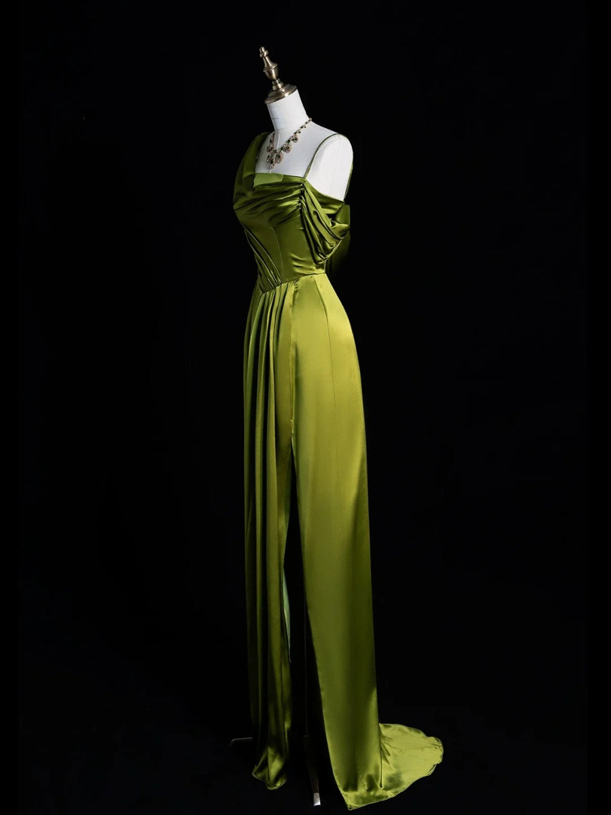A-line Green Soft Satin One Shoulder Prom Dress, Green Long Party Dress with Leg Slit
