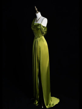 A-line Green Soft Satin One Shoulder Prom Dress, Green Long Party Dress with Leg Slit