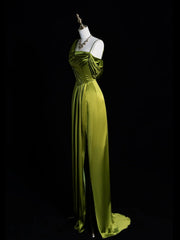 A-line Green Soft Satin One Shoulder Prom Dress, Green Long Party Dress with Leg Slit