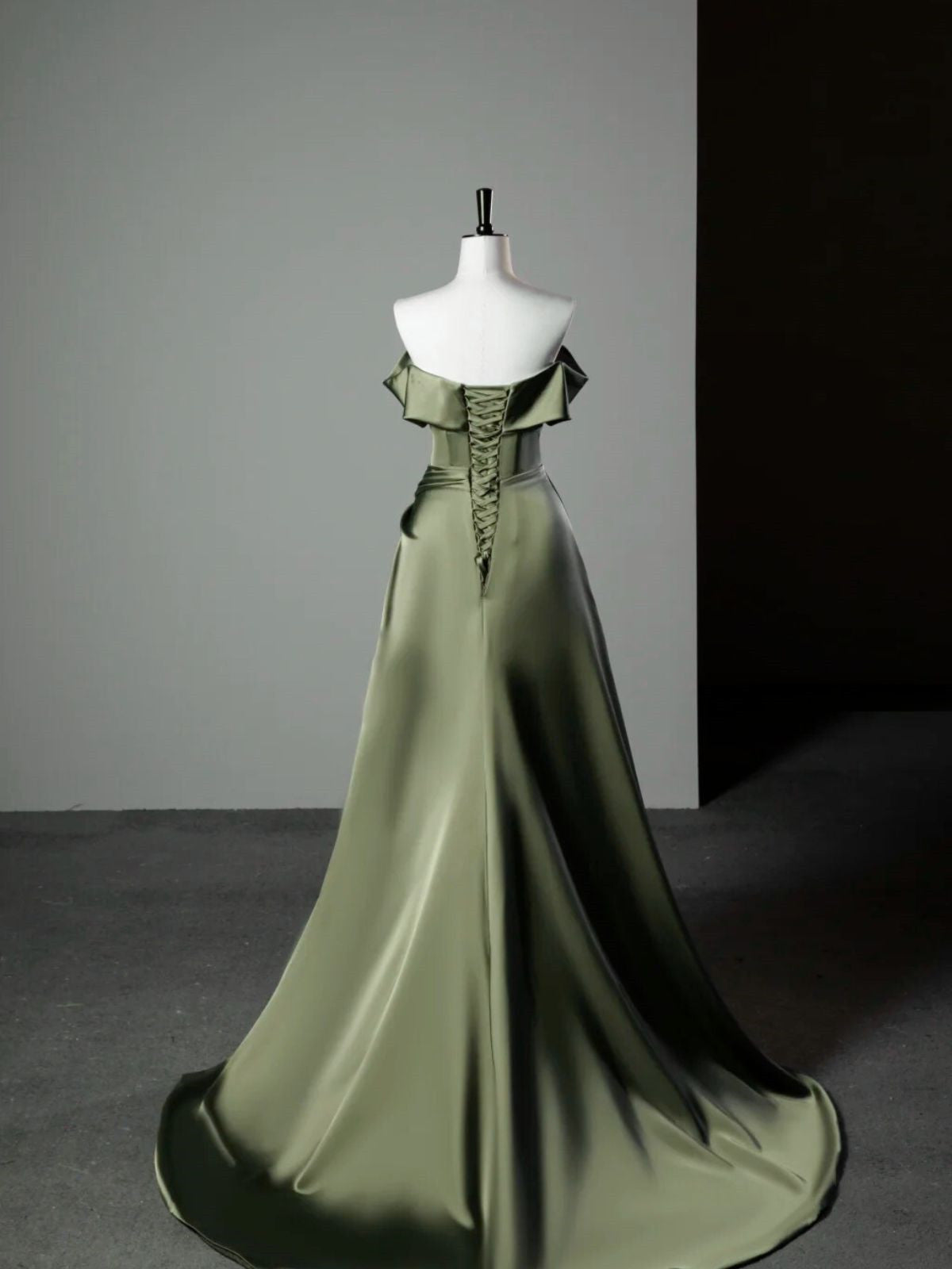 Green Satin A-line Off Shoulder Floor Length Party Dress, Green Satin Prom Dress