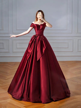Wine Red Chic Off Shoulder Lace-up Prom Dress, Wine Red Satin Party Dress