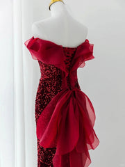 Wine Red Sequins Mermaid Long Party Dress, Off Shoulder Sweetheart Prom Dress