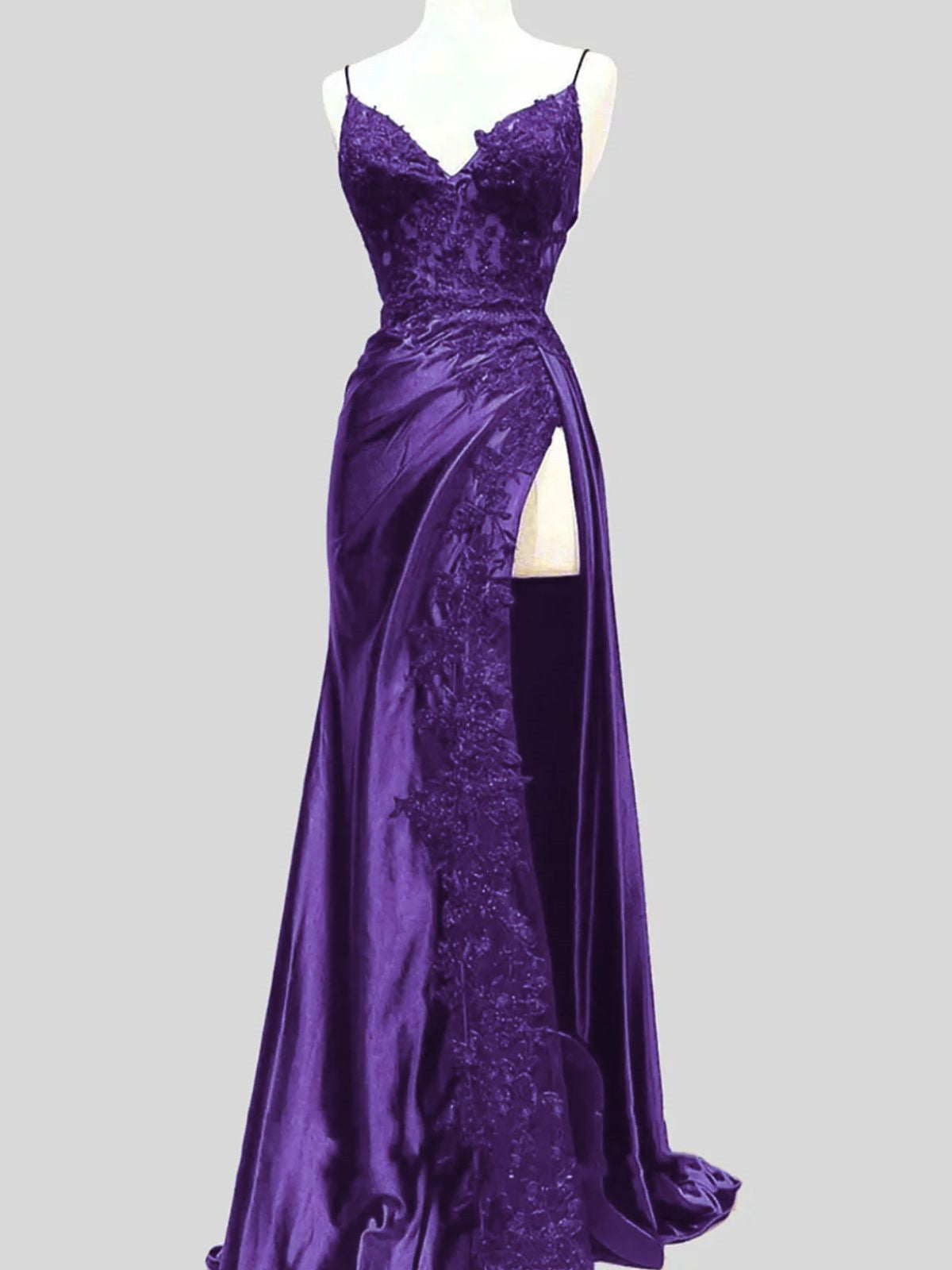 Purple A-line V-neckline Straps Satin with Lace Party Dress, Purple Long Evening Dress