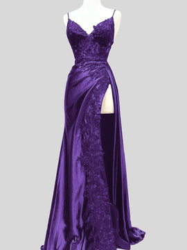 Purple A-line V-neckline Straps Satin with Lace Party Dress, Purple Long Evening Dress