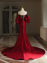 Glam Satin Puffy Short Sleeves Long Evening Dress, Wine Red Satin Prom Dress