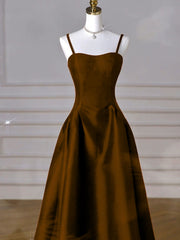 Brown Satin A-line Sweetheart Long Formal Dress, Simple Brown Evening Dress