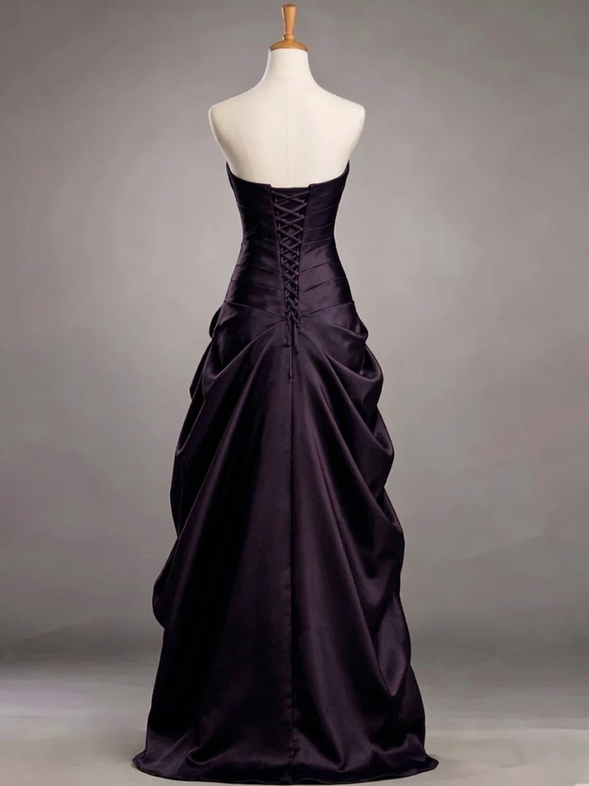 Charming Strapless Ruched Black and Purple Long Prom Dress, Gothic Formal Dress with Lace-Up