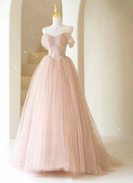 Pink Sweetheart Beaded Long Tulle Prom Dress, Pink Tulle Evening Dress Party Dress