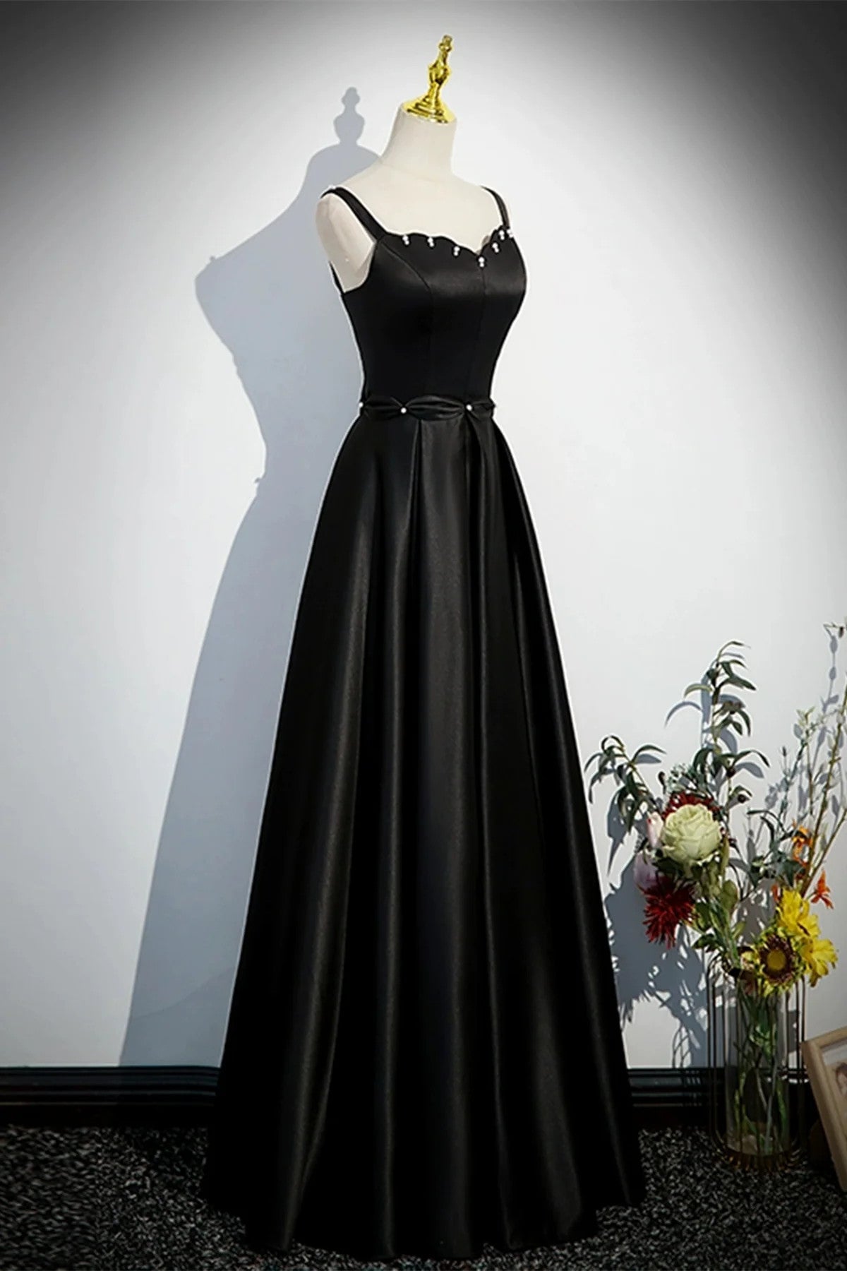 A-line Black Straps Beaded Satin Long Party Dress, Black Prom Dress Cutedressy A-line Black Straps Beaded Satin Long Party Dress, Black Prom Dress Cutedressy