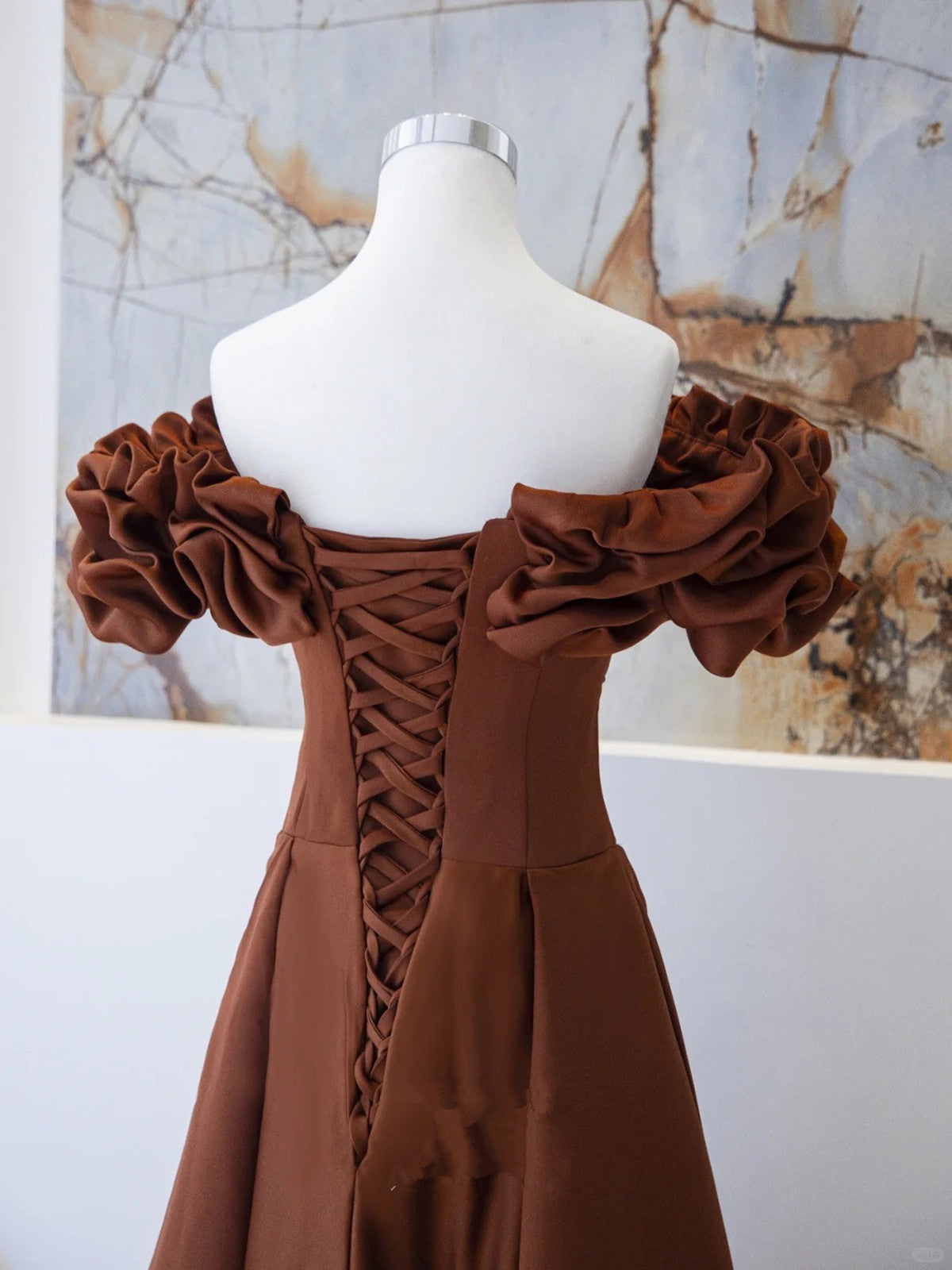 Brown Satin Off Shoulder A-line Prom Dress, Brown Satin Evening Dress Cutedressy Brown Satin Off Shoulder A-line Prom Dress, Brown Satin Evening Dress Cutedressy