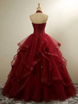 Wine Red Halter Neck Ball Gown Quinceanera Dress, Tulle Beaded Lace Bodice and Tiered Party Dress