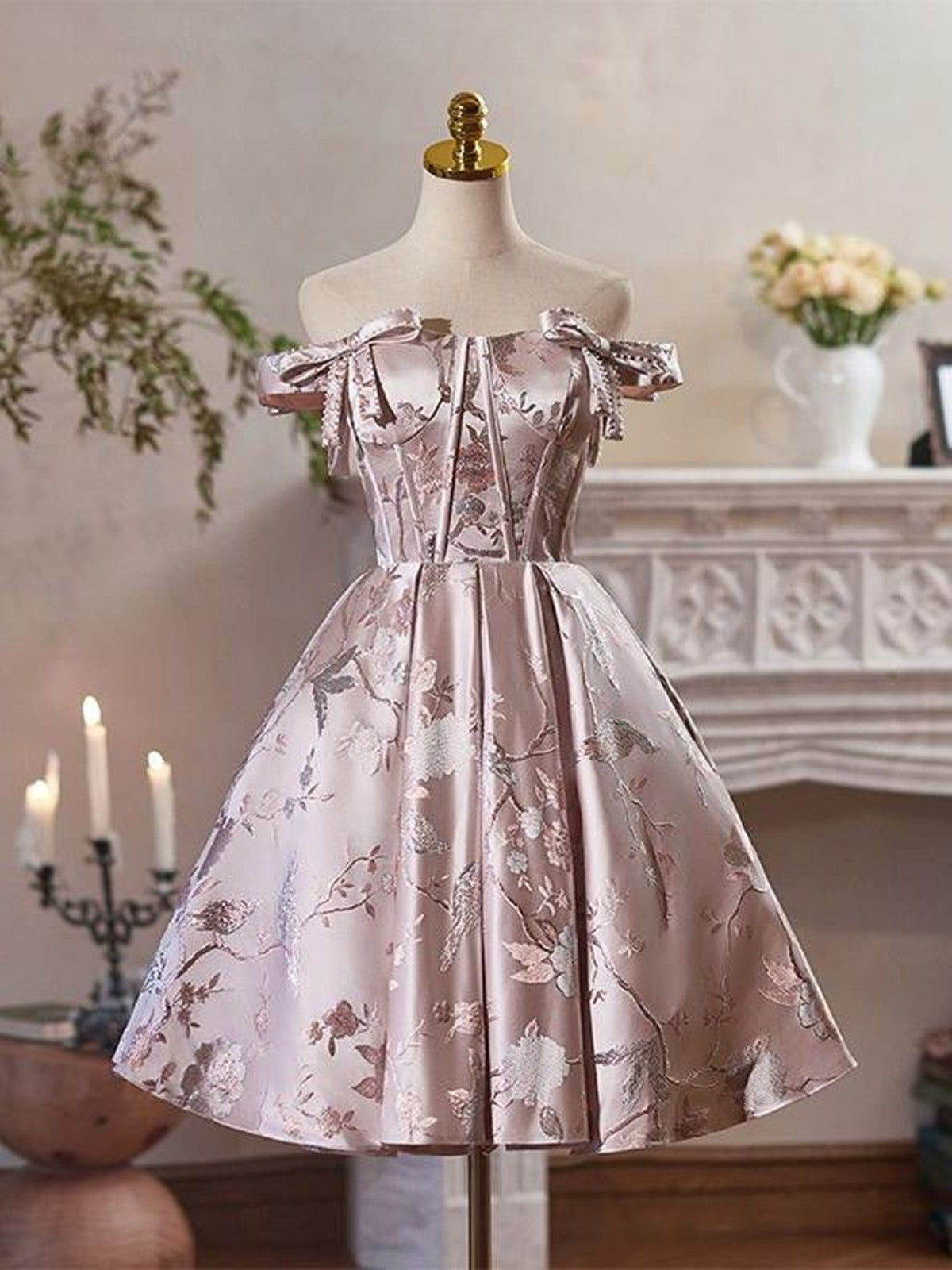 Pink Floral Satin Off Shoulder Short Prom Dress, Pink Satin Homecoming Dress