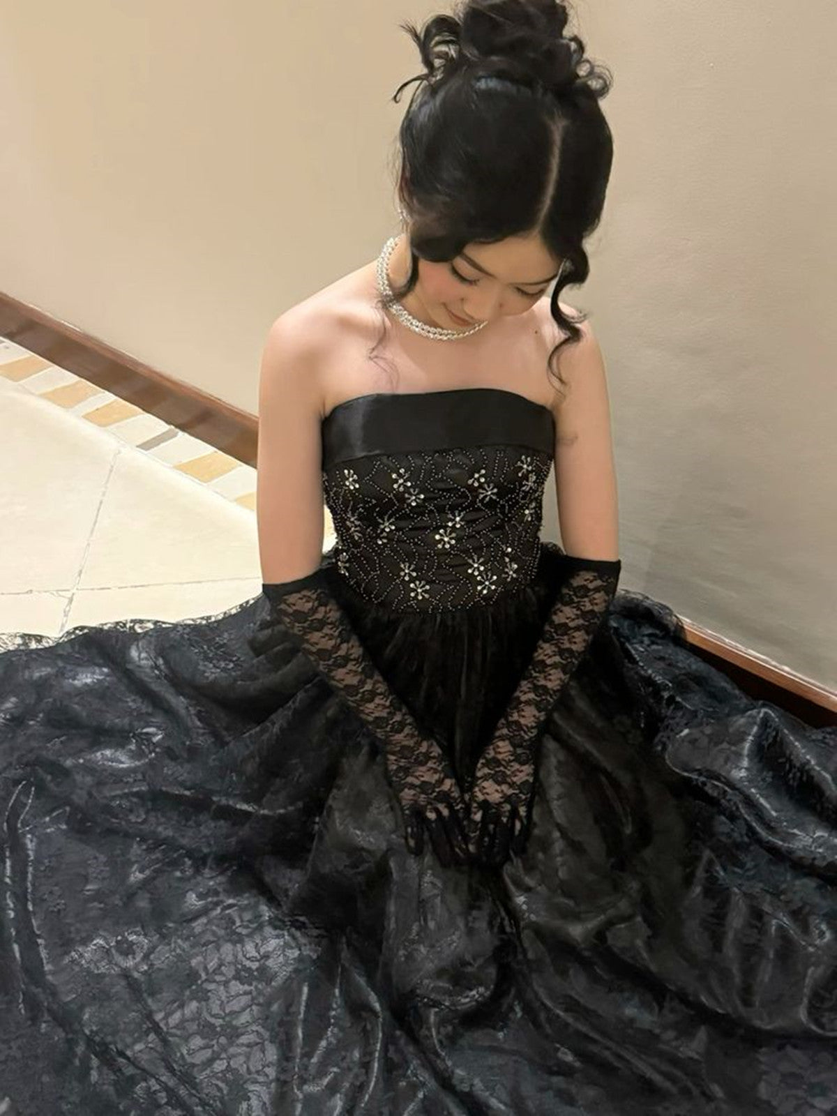 Black Lace A-line Strapless Beaded Long Formal Dress, Black Floor Length Evening Dress