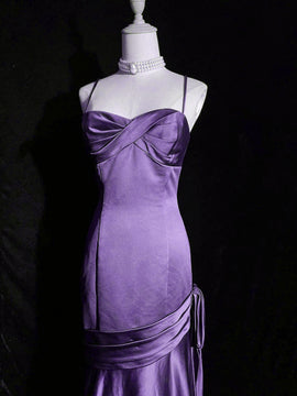 Purple A-line Mermaid Straps Evening Dress, Purple Satin Prom Dress Formal Dress